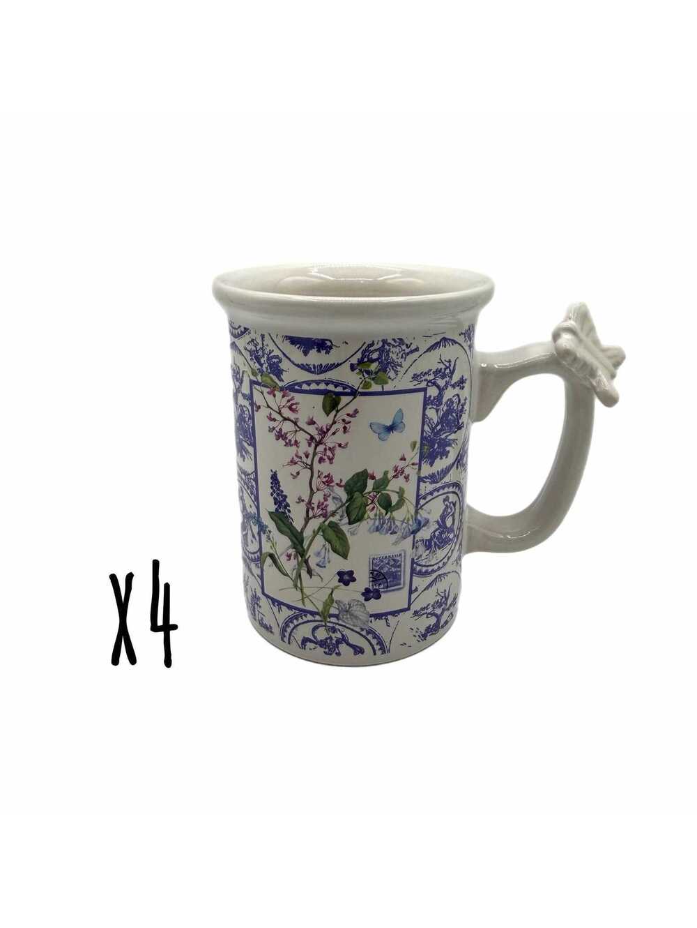 Set of 4 Vintage Hallmark Houston Harvest 3D Butterfly Handle Blue Coffee Mugs